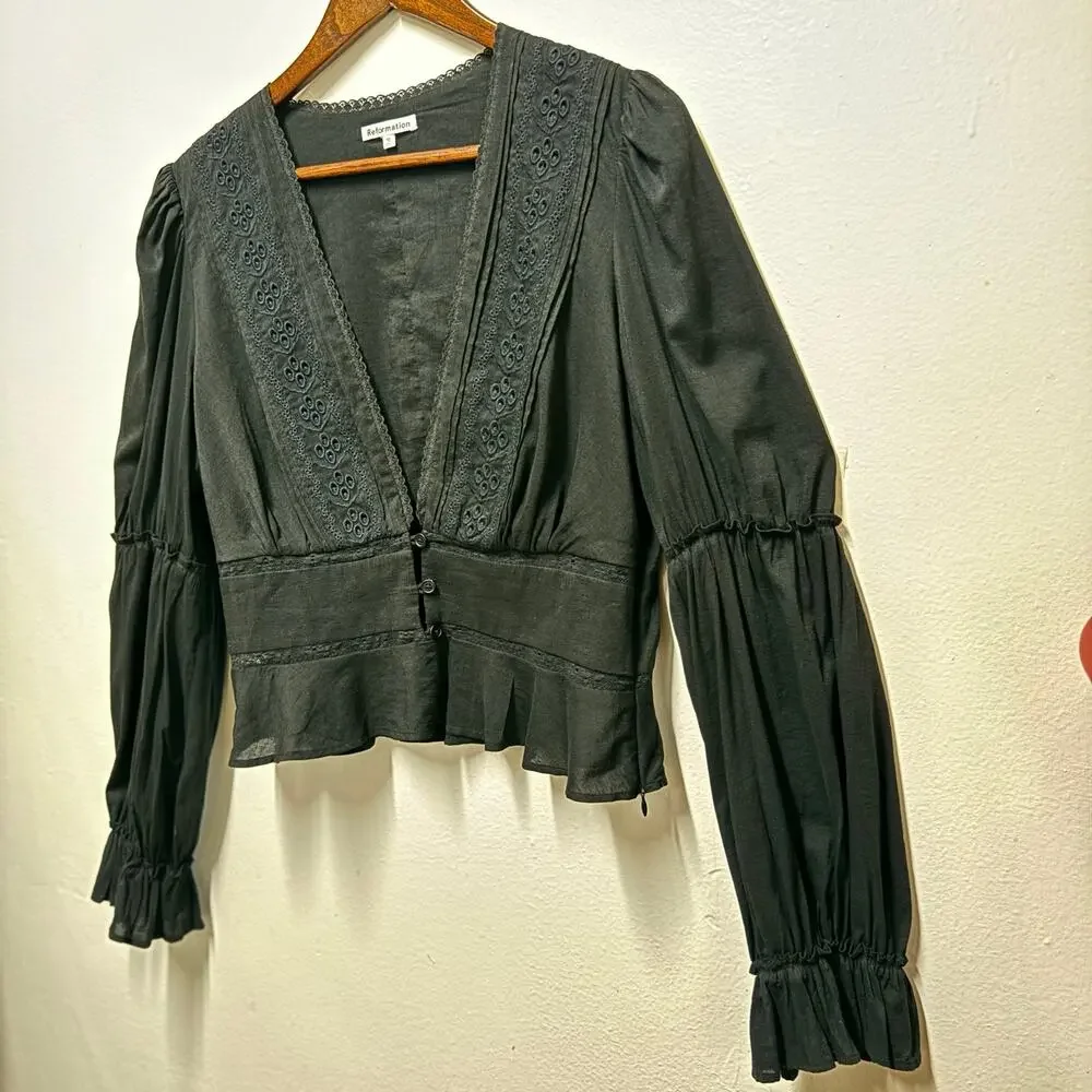 Reformation Meadowlark Blouse Black Eyelet Embroidery Boho Cotton Peplum Size 10